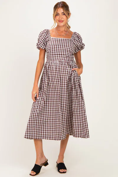 PinkBlush Brown Gingham Lace Trim Puff Sleeve Maternity Midi Dress