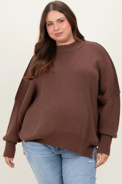 PinkBlush Brown Mock Neck Exposed Seam Maternity Sweater