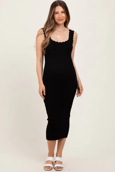PinkBlush Black Scallop Trim Ribbed Knit Sleeveless Maternity Midi Dress