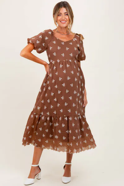 PinkBlush Brown Floral Embroidered Tiered Maternity Midi Dress