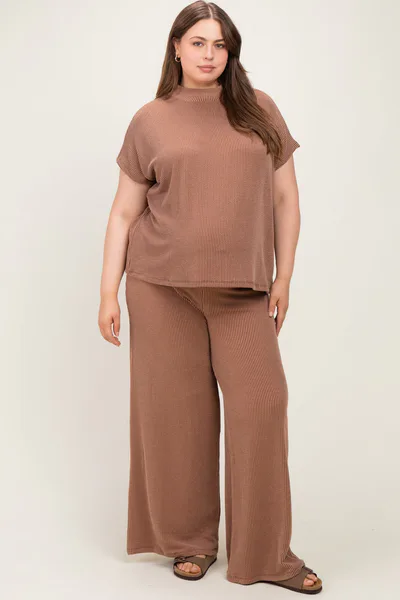 PinkBlush Brown Plus Raised Rib Short Sleeve Maternity Tee & Pants Set