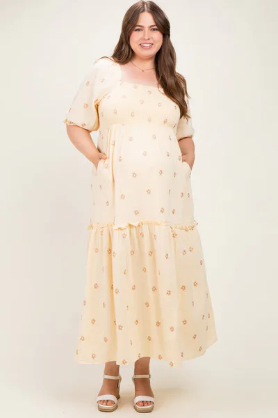 PinkBlush Beige Floral Embroidered Smocked Maternity Maxi Dress