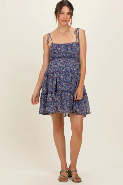 PinkBlush Navy Floral Shoulder Tie Tiered Maternity Mini Dress