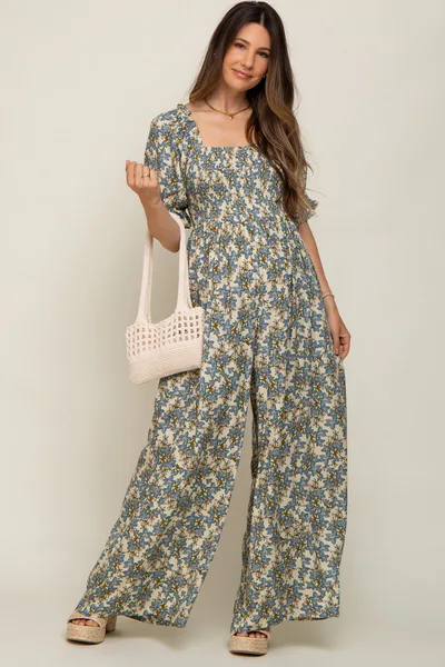 PinkBlush Cream Floral Smocked Maternity Jumpsuit
