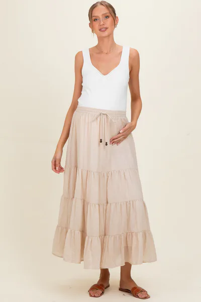 PinkBlush Beige Tiered Drawstring Maternity Maxi Skirt