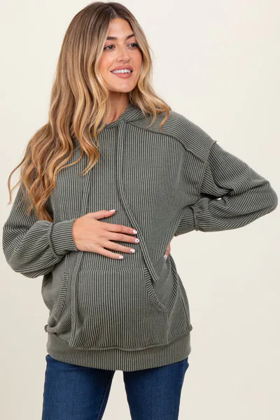 PinkBlush Olive Ribbed Front Pocket Maternity Drawstring Hoodie