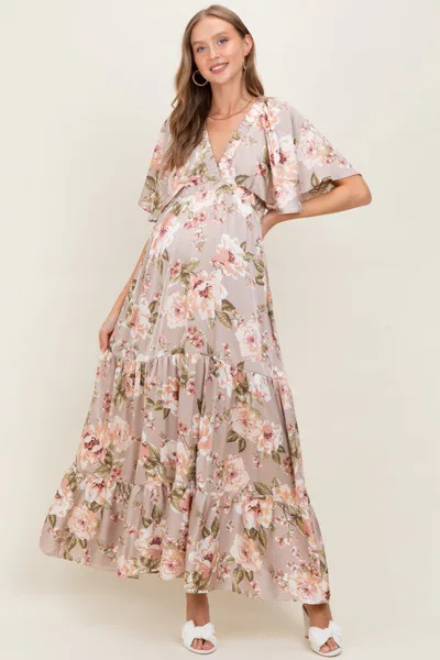 PinkBlush Taupe Floral Print Elbow Sleeve V-Neck Tiered Maternity Maxi Dress