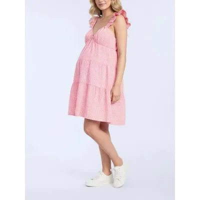 Target Women's  V-Neck Flutter Sleeve Tiered Maternity Mini Dress - Red & White Gingham - Size: Large - Motherhood Maternity