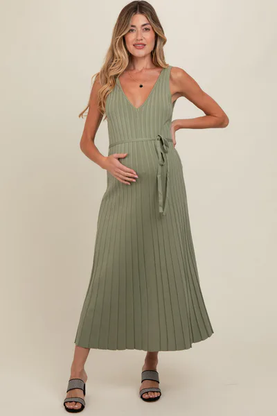 PinkBlush Light Olive Pleated V-Neck Waist Tie Sweater Maternity Maxi Dress