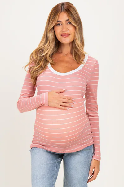 PinkBlush Coral Striped Long Sleeve Scoop Neck Maternity Top