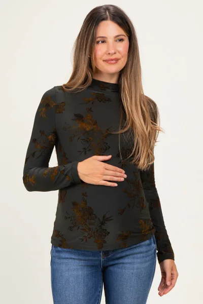 PinkBlush Olive Velvet Floral Mock Neck Maternity Top