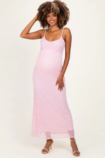 PinkBlush Pink Sleeveless Lace Square Neck Maternity Maxi Dress