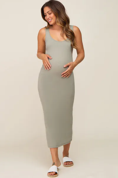 PinkBlush Light Olive Ribbed Basic Maternity Maxi Dress