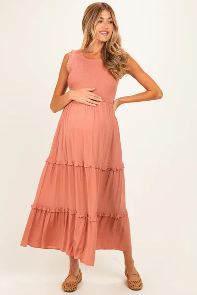 PinkBlush Mauve Smocked Sleeveless Tiered Maternity Maxi Dress