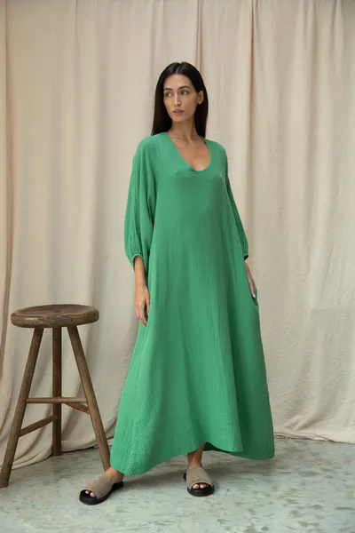 For The Creators HENRIETTA Organic Cotton Cheesecloth Palm Green Dress