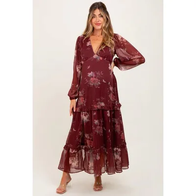 Target Pinkblush Burgundy Floral Chiffon V-Neck Long Sleeve Maternity Maxi Dress Small