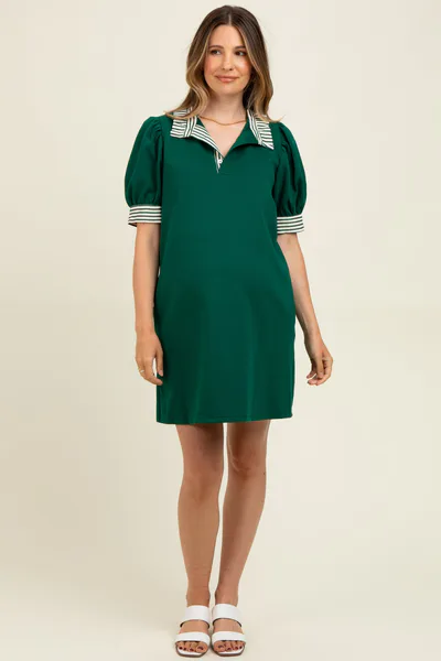 PinkBlush Forest Green Mock Neck Contrast Striped Trim Maternity Mini Dress