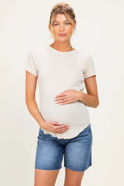 PinkBlush Blue Raw Cut Hem Mid Length Maternity Denim Shorts