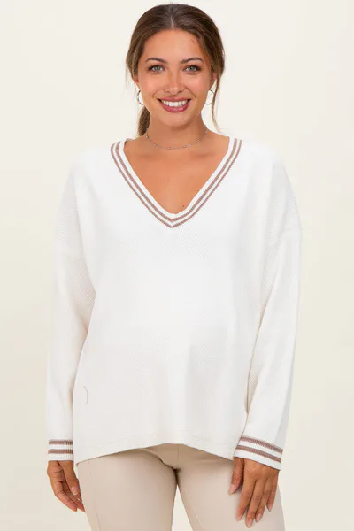 PinkBlush Ivory Deep V-Neck Border Stripe Maternity Sweater