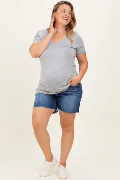 PinkBlush Navy Blue Raw Cut Hem Maternity Plus Denim Shorts