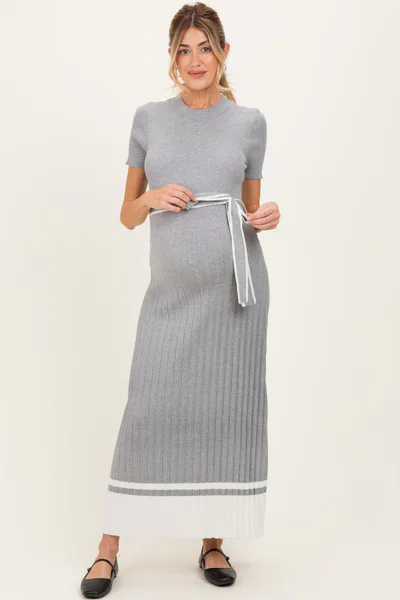 PinkBlush Heather Grey Knit Pleated Sash Tie Maternity Midi Dress