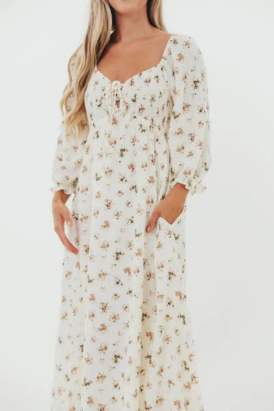 Worth Collective Cecilia 100% Cotton Smocked Maxi Dress in Cream (Lined) - Bump Friendly