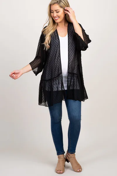 PinkBlush Black Swiss Dot 3/4 Sleeve Chiffon Maternity Cover Up