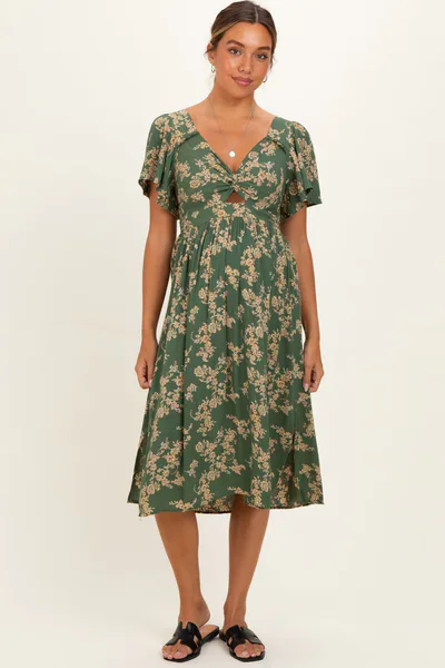 PinkBlush Olive Floral Short Sleeve V-Neck Twist Front Maternity Midi Dress