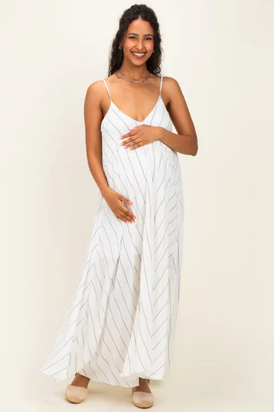 PinkBlush White Blue Striped Shoulder Tie Maternity Maxi Dress