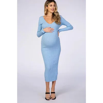 Target Pinkblush Light Blue V-Neck Long Sleeve Fitted Maternity Maxi Dress Medium