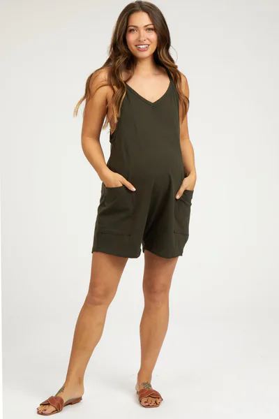PinkBlush Olive Basic V-Neck Maternity Romper
