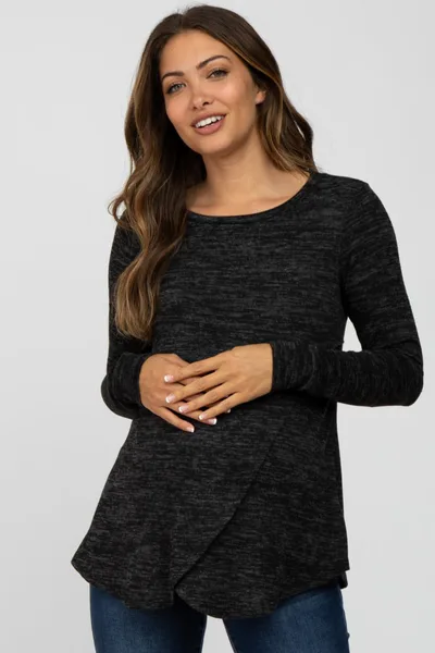 PinkBlush Black Heather Knit Layered Front Maternity/Nursing Top