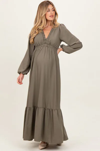 PinkBlush Forest Green Long Sleeve V-Neck Tiered Maternity Maxi Dress