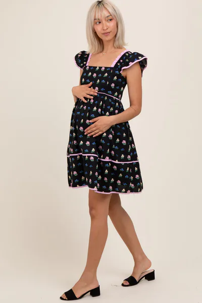 PinkBlush Black Floral Ruffle Strap Maternity Mini Dress