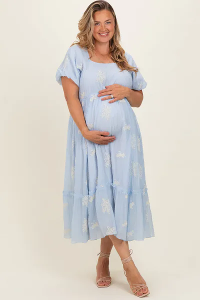 PinkBlush Powder Blue Floral Print Ruffle Hem Maternity Plus Midi Dress