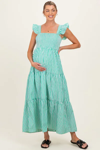 PinkBlush Green Striped Ruffle Strap Smocked Maternity Maxi Dress