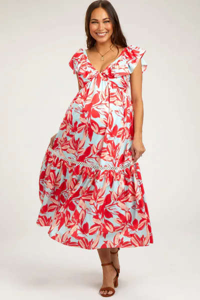 PinkBlush Coral Floral Flounce Maternity Maxi Dress