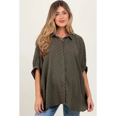 Target Pinkblush Olive Checker Print Short Sleeve Oversized Maternity Blouse XL