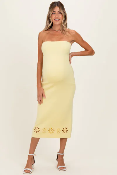PinkBlush Yellow Strapless Laser Cut Lace Floral Detail Maternity Dress