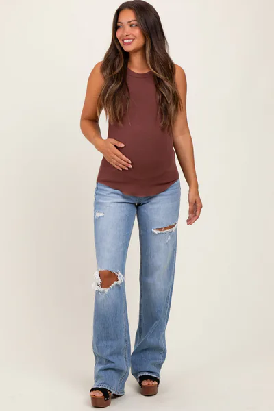 PinkBlush Light Blue Distressed Open Knee Straight Leg Maternity Jeans