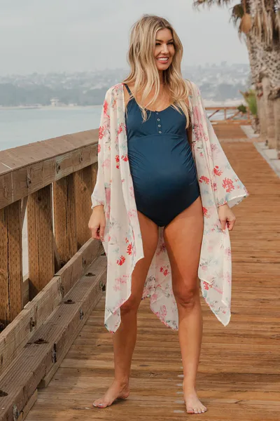 PinkBlush PinkBlush Navy Blue Ribbed Snap Front One-Piece Maternity Swimsuit