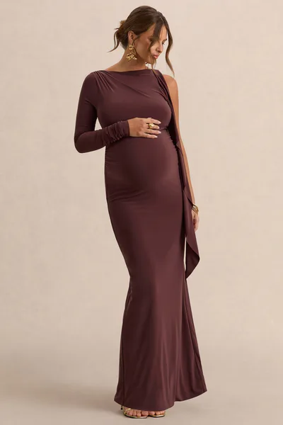 Club L London Emanuela | Dark Brown Boat-Neck Maternity Maxi Dress With Sash Detail