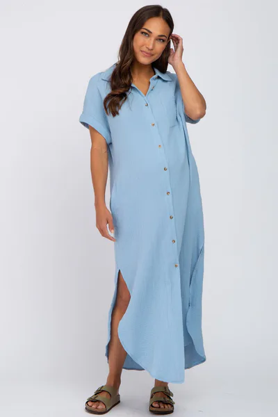 PinkBlush Light Blue Button Down Maternity Midi Dress