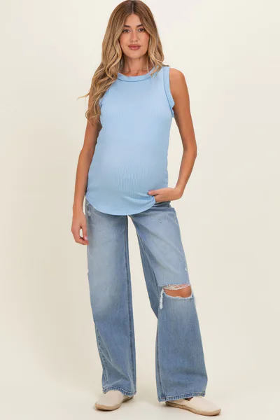 PinkBlush Light Blue Distressed Open Knee Maternity Wide Leg Jeans