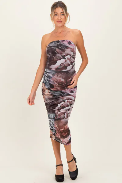 PinkBlush Mauve Floral Mesh Strapless Ruched Maternity Midi Dress