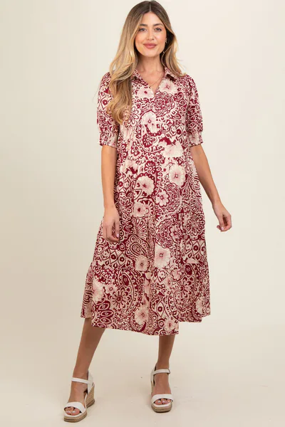 PinkBlush Burgundy Floral Collared Tiered Maternity Midi Dress