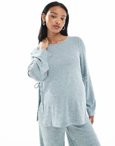 ASOS Mamalicious slubby knit slit side top in heathered pale blue - part of a set