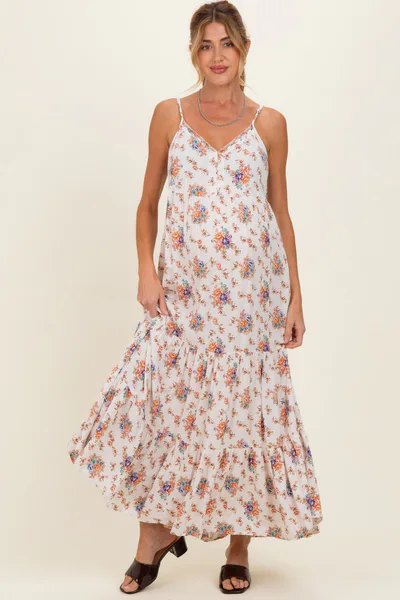 PinkBlush Natural Floral Tiered Button Up Maternity Maxi Dress
