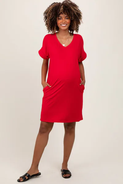 PinkBlush Red Brushed Rolled Short Sleeve V-Neck Maternity Dress