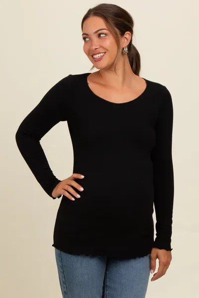 PinkBlush Black Ribbed Knit Long Sleeve Lettuce Hem Maternity Top